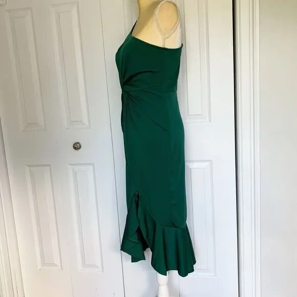 Women Night Gown Dress Large Green One Shoulder Ruffle Hem CHICME - Picture 4 of 16